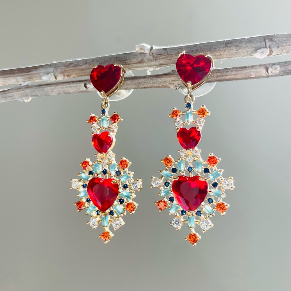 Head-Turning Red Heart Rhinestone Statement Dangle Earrings